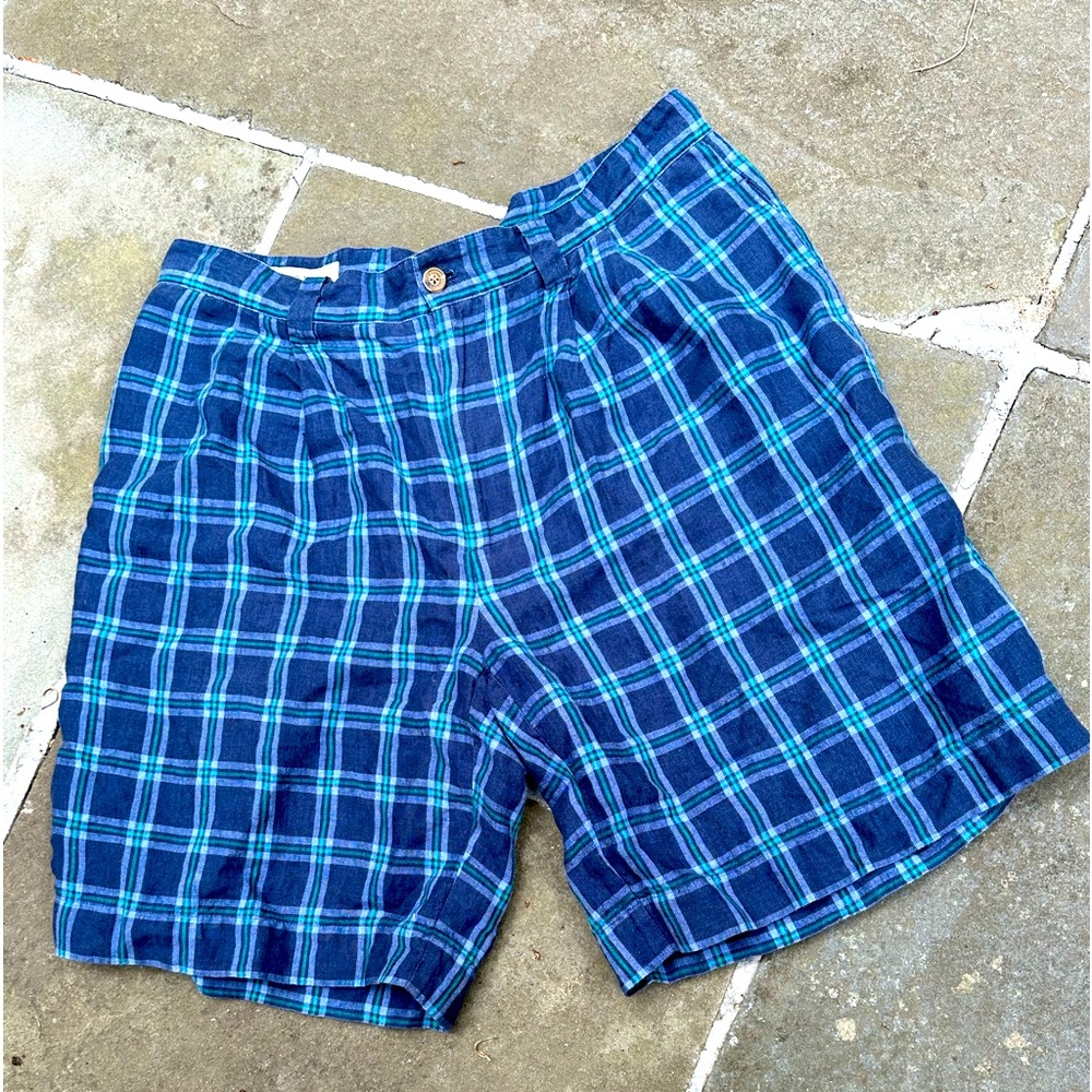 Orvis Blue Plaid Linen Shorts